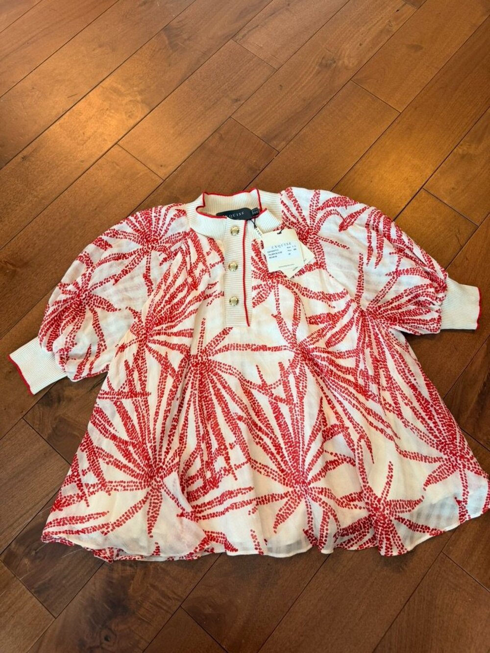 NWT Exquise Palmer Blouse Red Beige Puff Sleeve Top Size 4